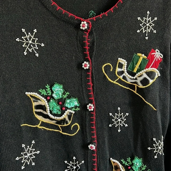 Vintage B.P. Design Beaded Embroidered Ugly Christmas Sleigh Cardigan Sweater - Picture 2 of 6